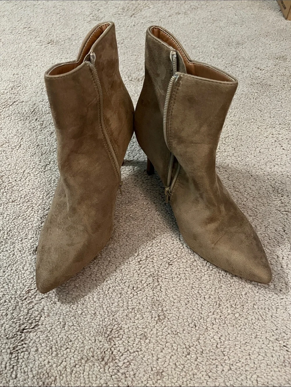Rouge! Taupe Suede Pointed-Toe Ankle Booties